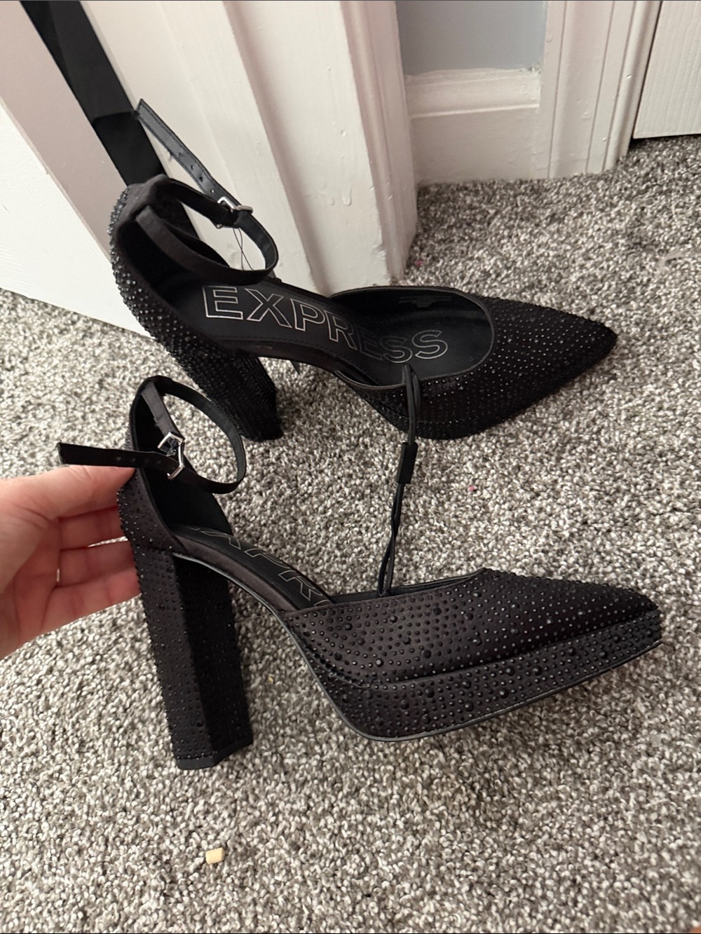 Express Black Rhinestone Ankle-Strap Block Heels